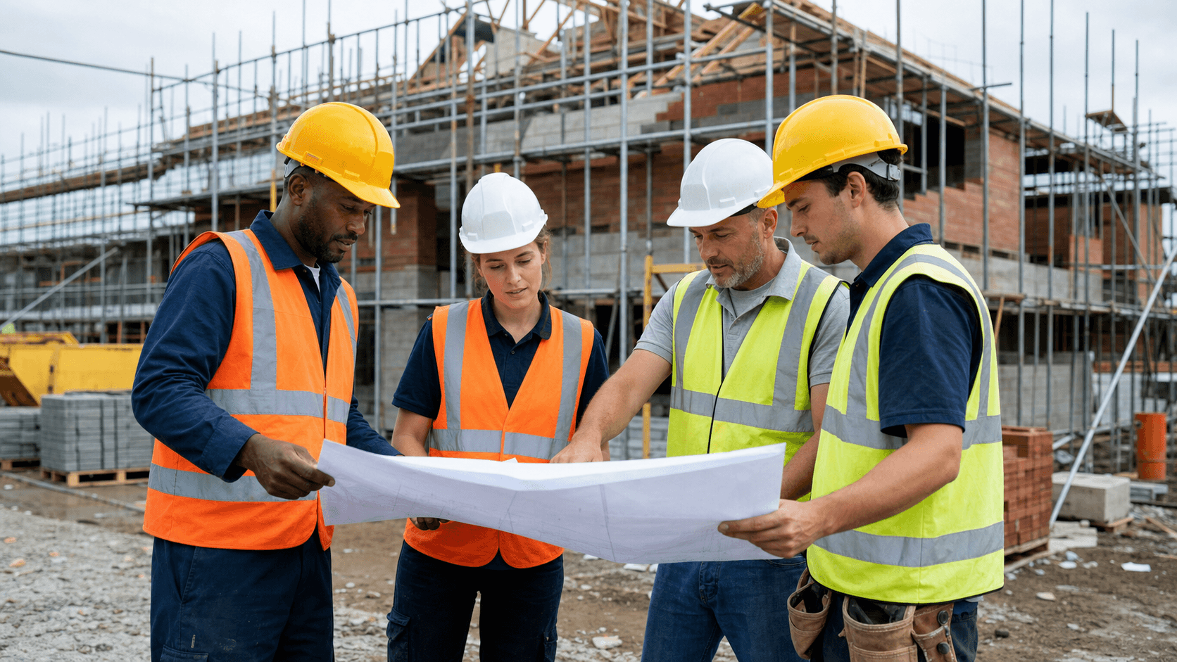 Construction workers reviewing plans on a building site